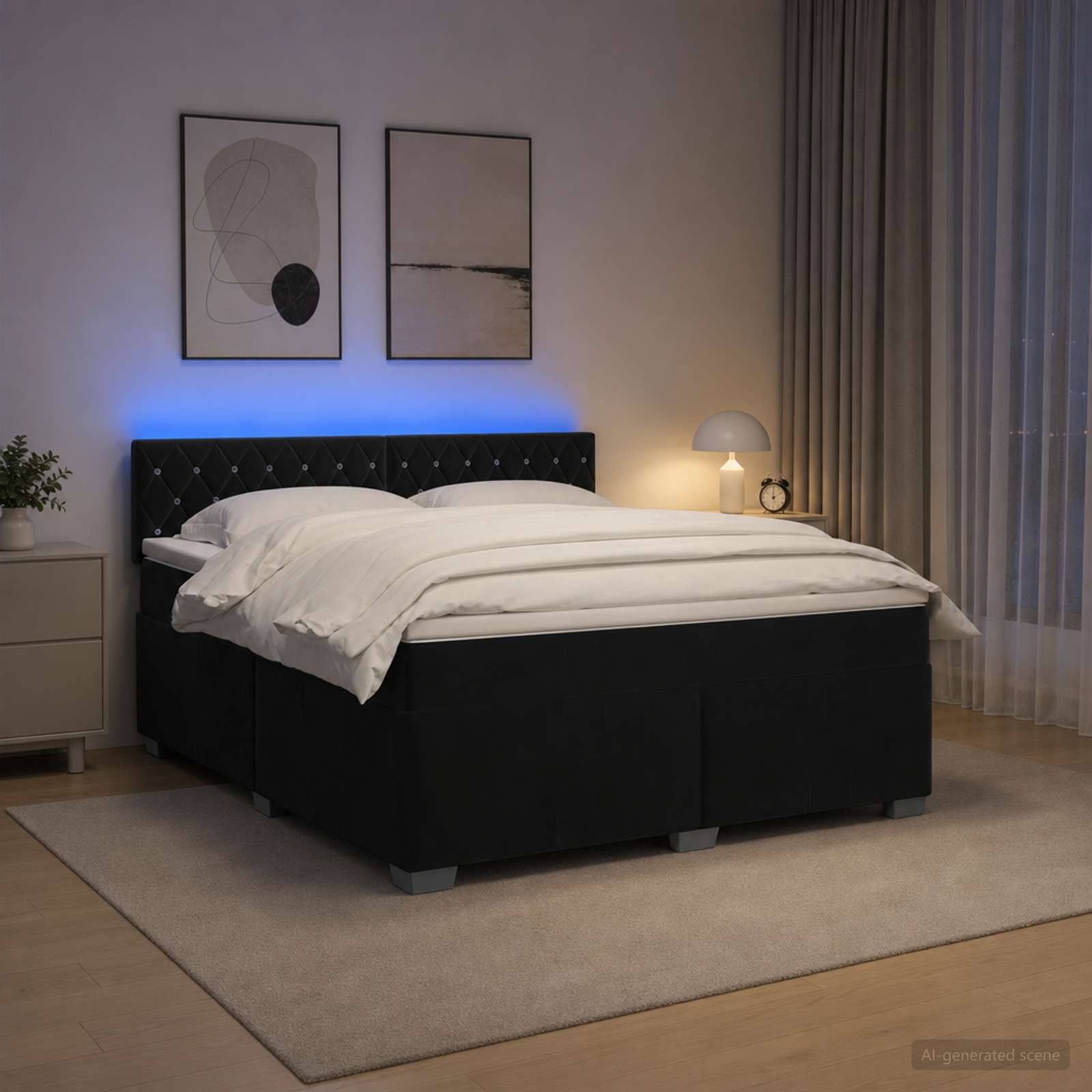 Box Spring Bed with Mattress and LED Black Queen Velvet