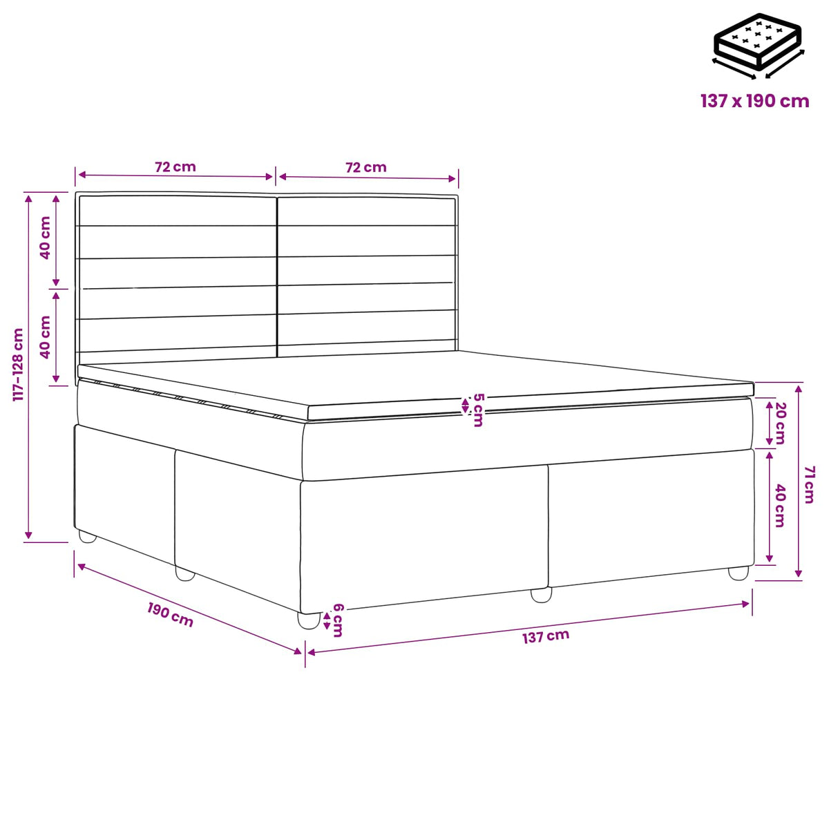 Box Spring Bed with Mattress and LED Dark Grey 140 x 190 cm