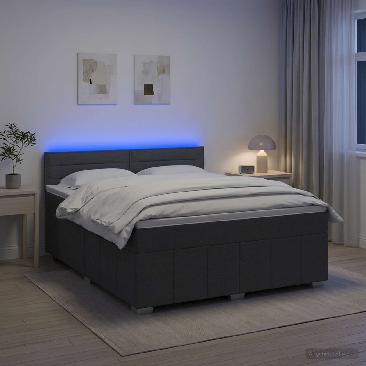 Box Spring Bed with Mattress and LED Dark Grey 153 x 203 cm