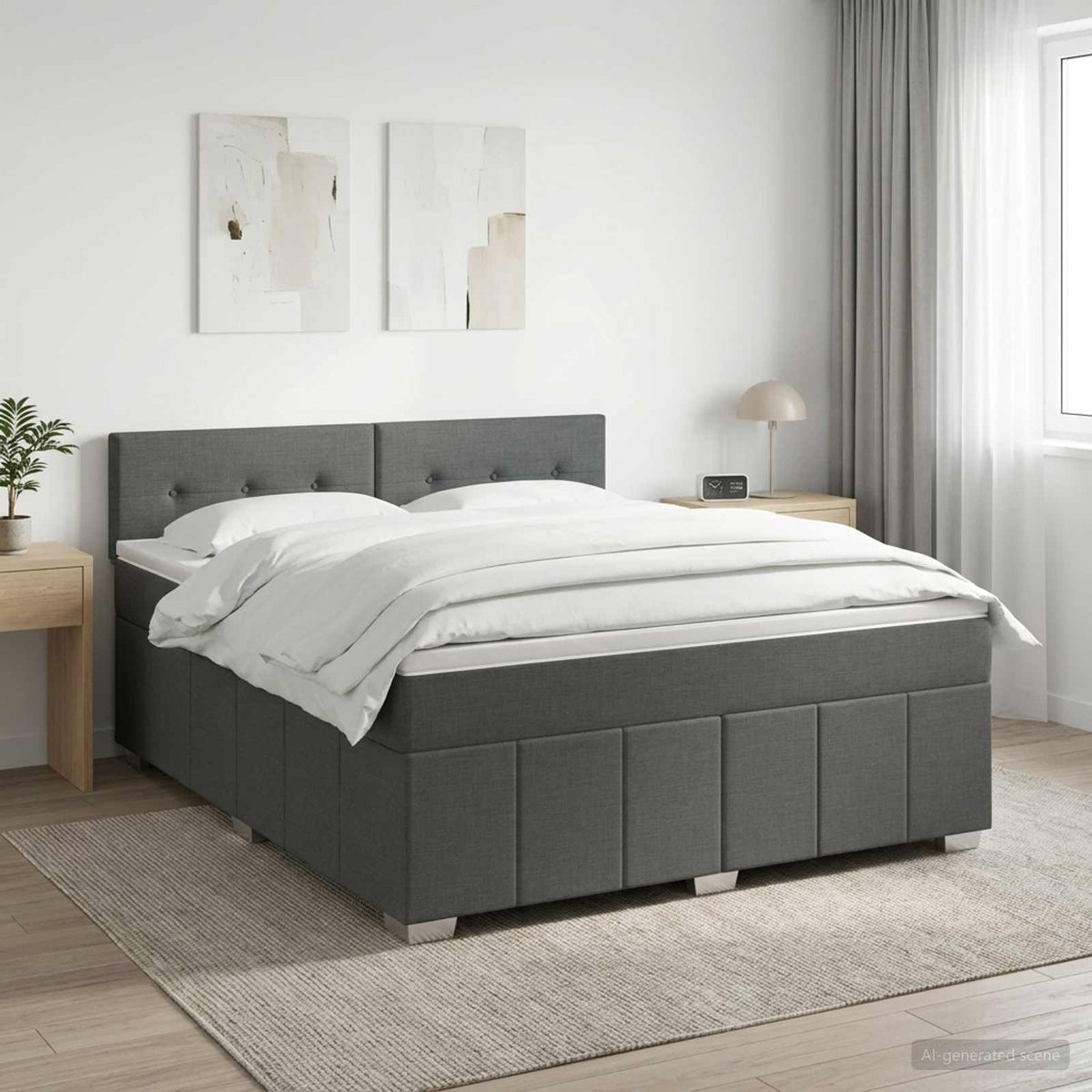 Box Spring Bed with Mattress and LED Dark Grey 153 x 203 cm