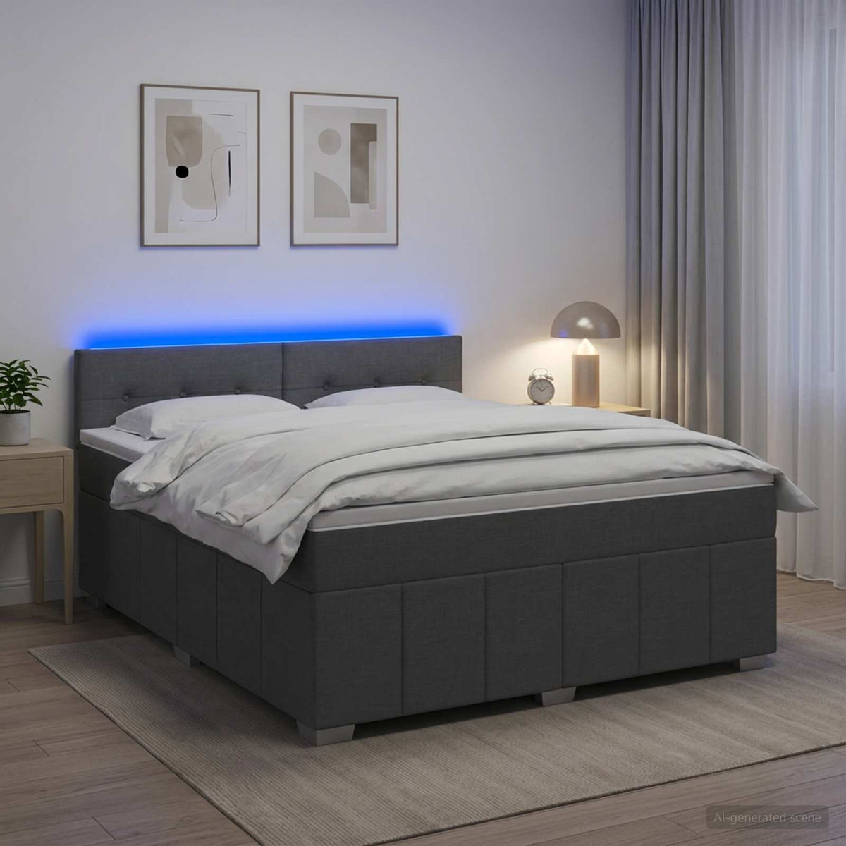 Box Spring Bed with Mattress and LED Dark Grey 153 x 203 cm