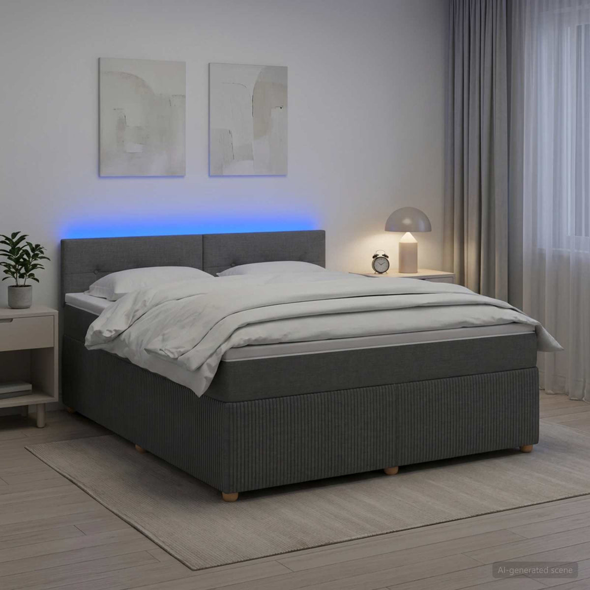 Box Spring Bed with Mattress and LED Dark Grey 153 x 203 cm