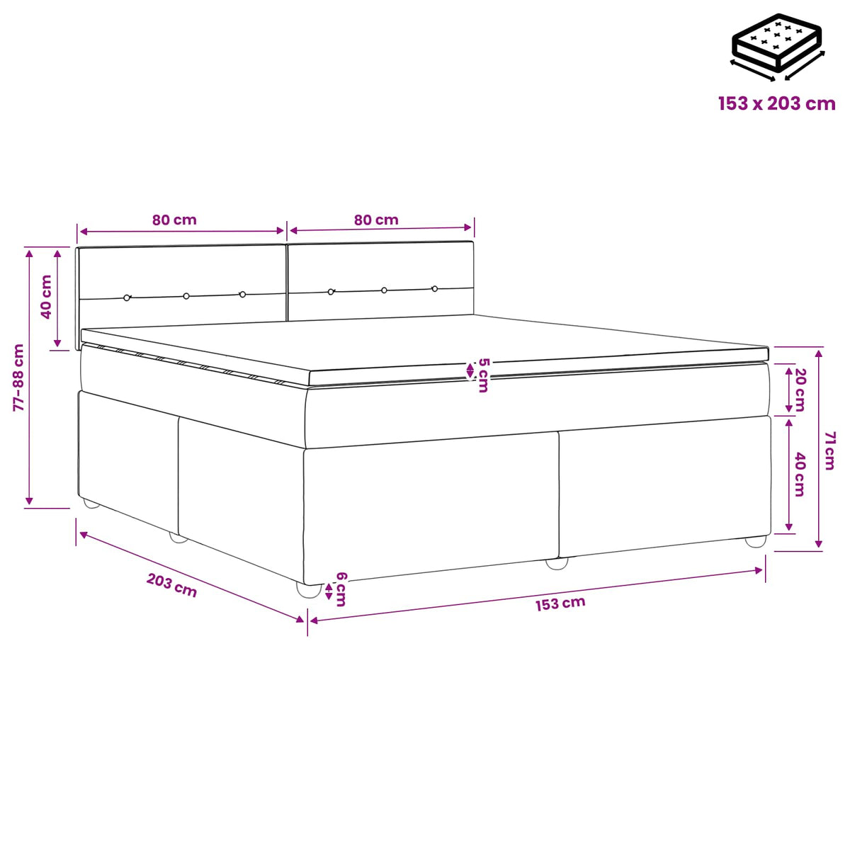 Box Spring Bed with Mattress and LED Dark Grey 153 x 203 cm