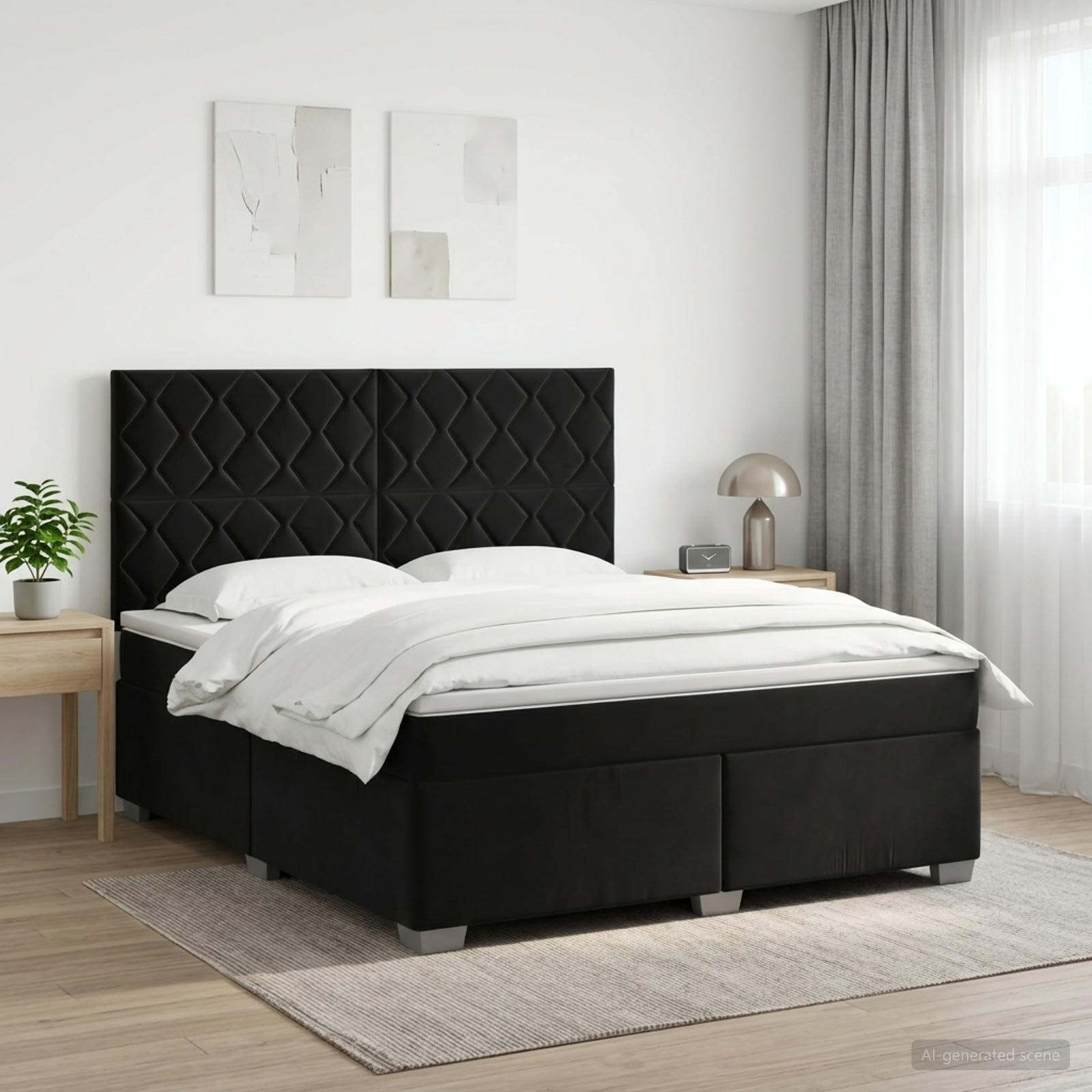Box Spring Bed with Mattress with Headboard Black Double Velvet