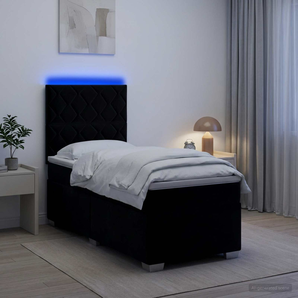 Box Spring Bed with Mattress and LED with Headboard Velvet