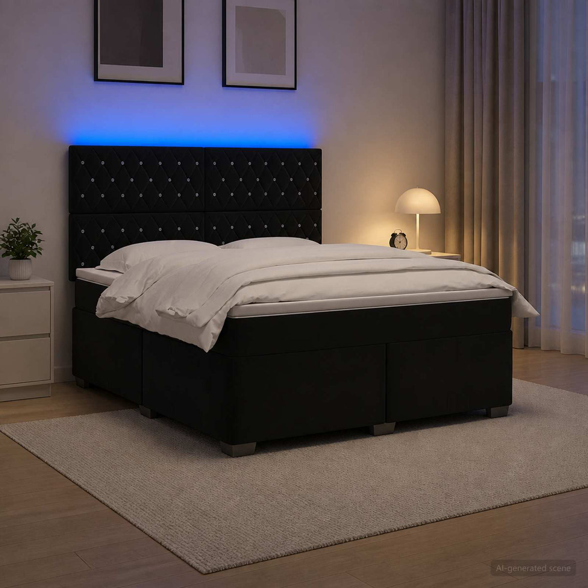 Box Spring Bed with Mattress and LED Black 153 x 203 cm Velvet