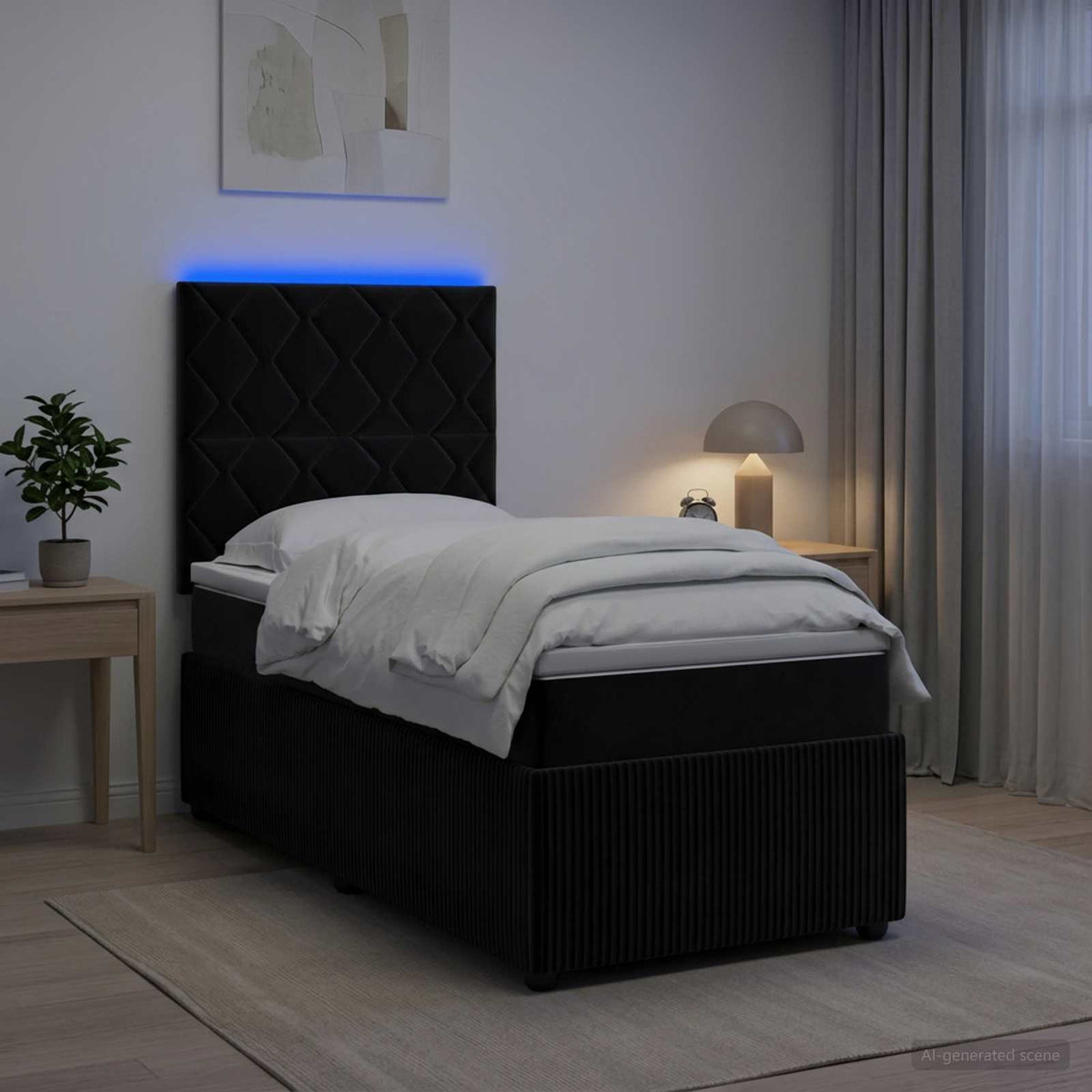 LED Box Spring Bed with Mattress Black 100 x 200 cm Velvet