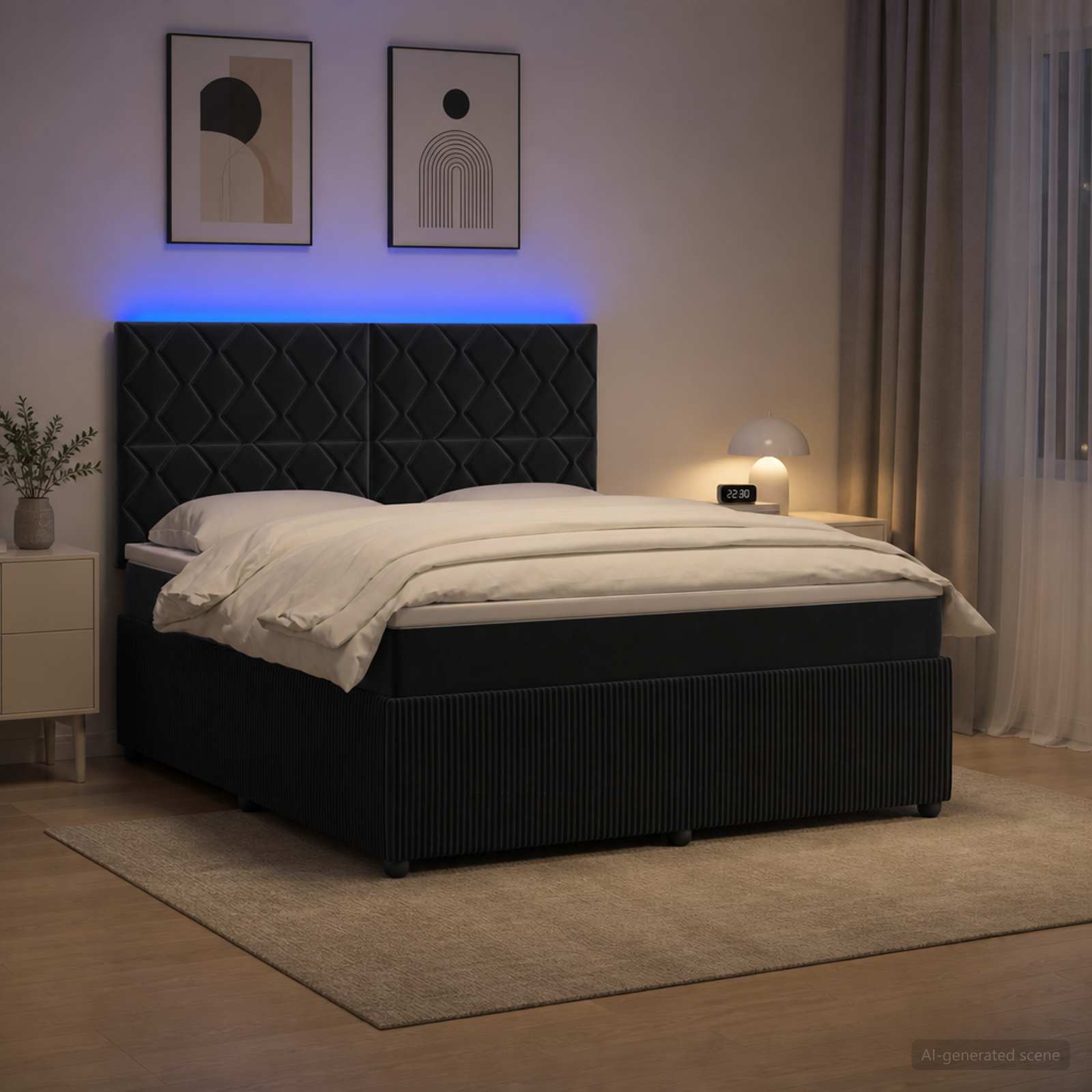 LED Box Spring Bed with Mattress Black 140 x 190 cm Velvet