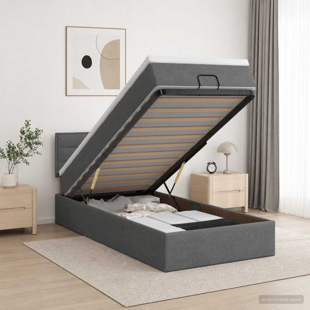 Ottoman Bed with Mattress and LED Dark Grey King Single Fabric
