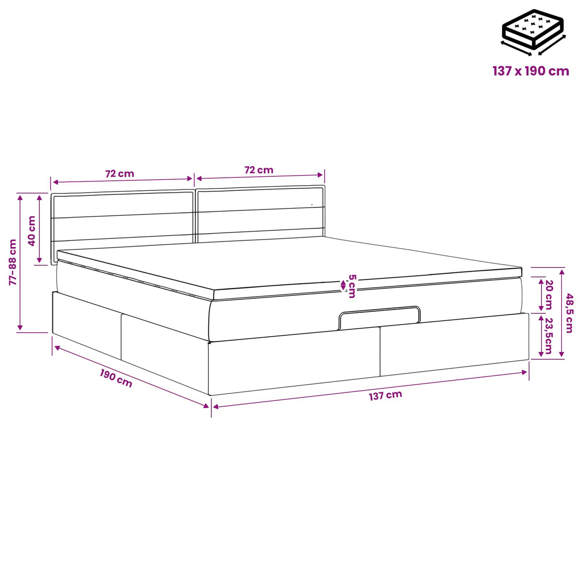 Ottoman Bed with Mattress Dark Grey 137 x 190 cm Fabric