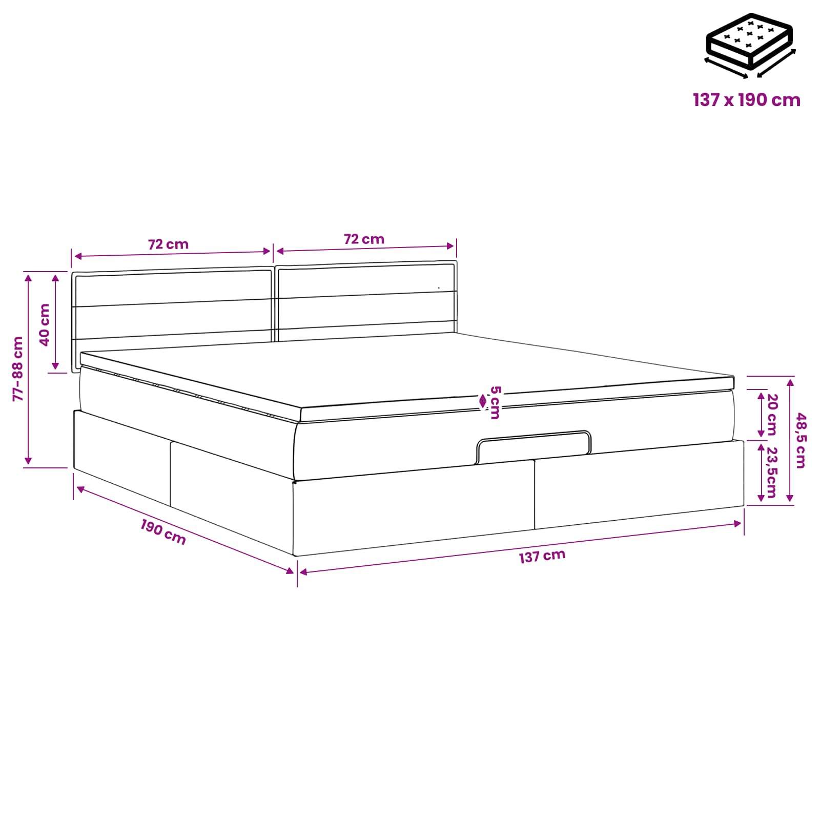 Ottoman Bed with Mattress Dark Grey 137 x 190 cm Fabric