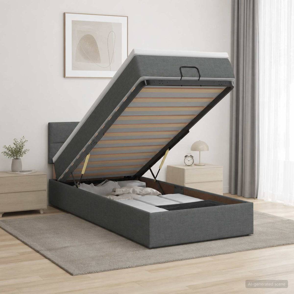 Ottoman Bed with Mattress and LED Dark Grey King Single Fabric