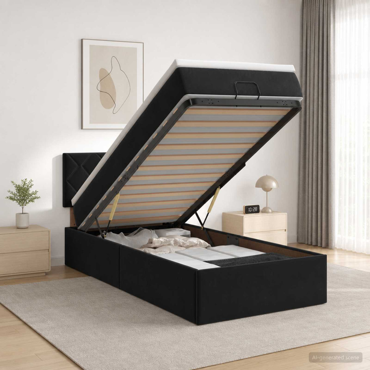 Ottoman Bed with Mattress and LED Black King Single Velvet