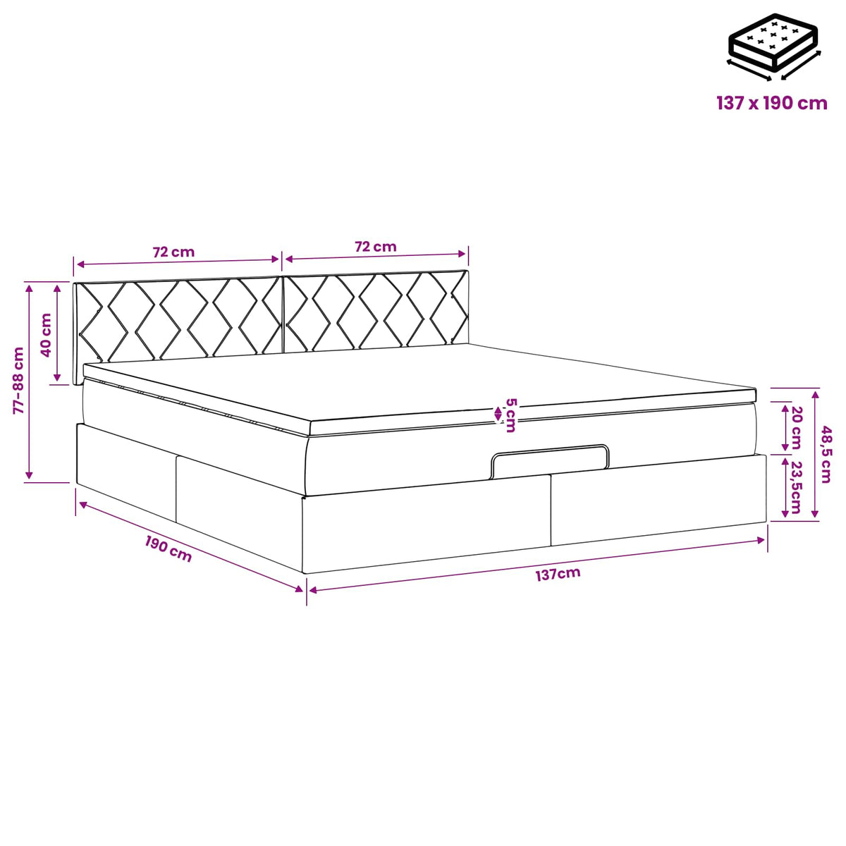 Ottoman Bed with Mattress Black 137 x 190 cm Velvet