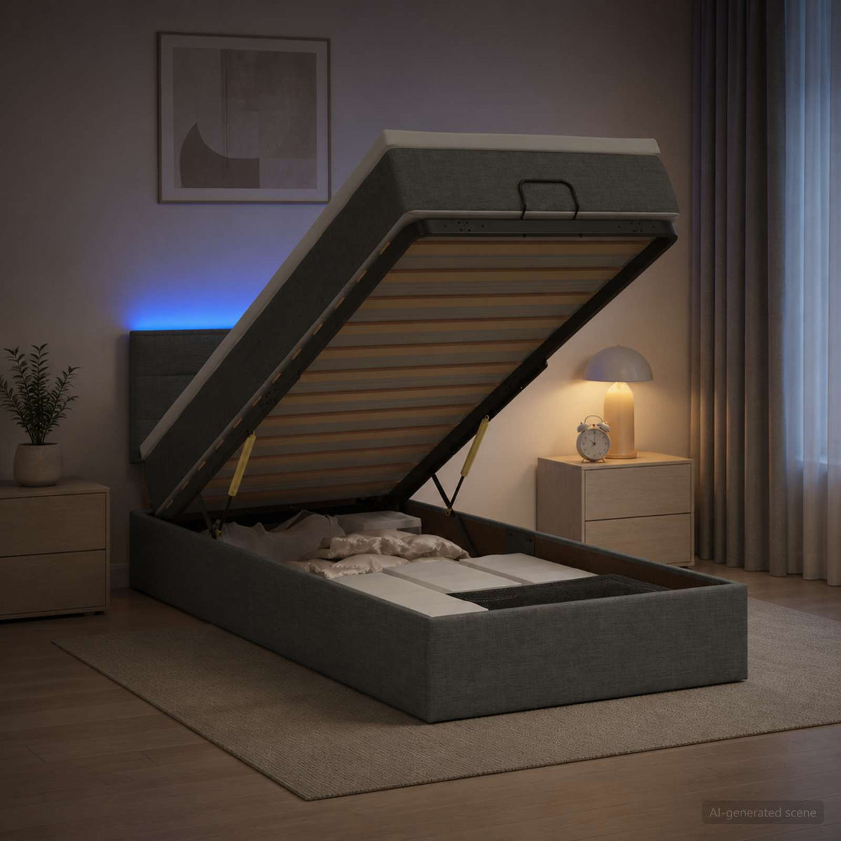 Ottoman Bed with Mattress and LED Dark Grey King Single Fabric