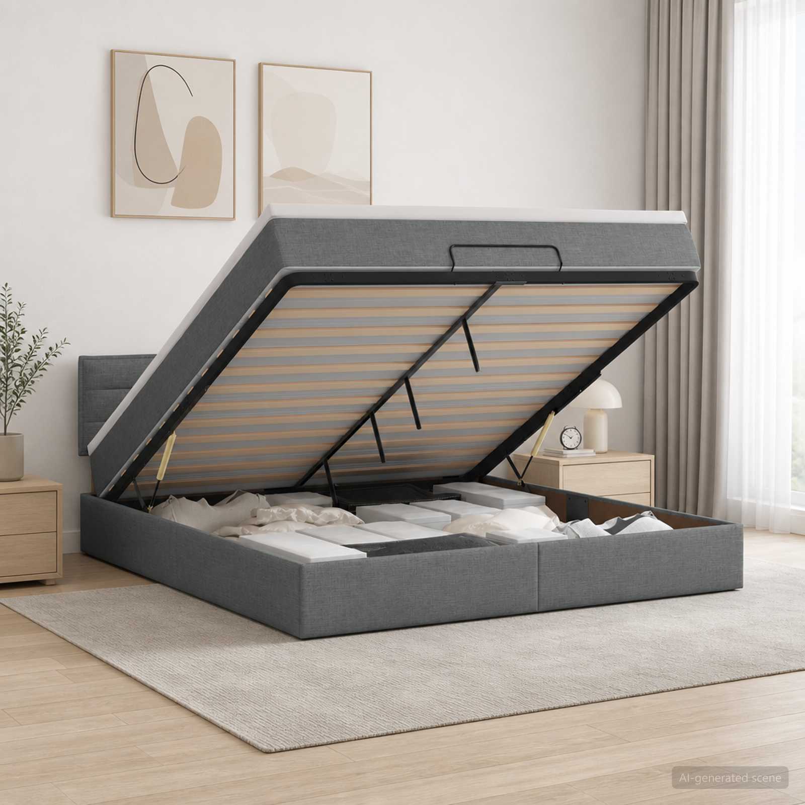 Ottoman Bed with Mattress Dark Grey 137 x 190 cm Fabric