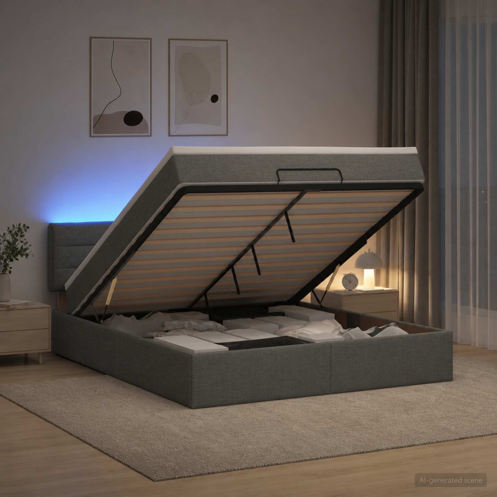 Ottoman Bed with Mattress and LED Dark Grey Double Fabric