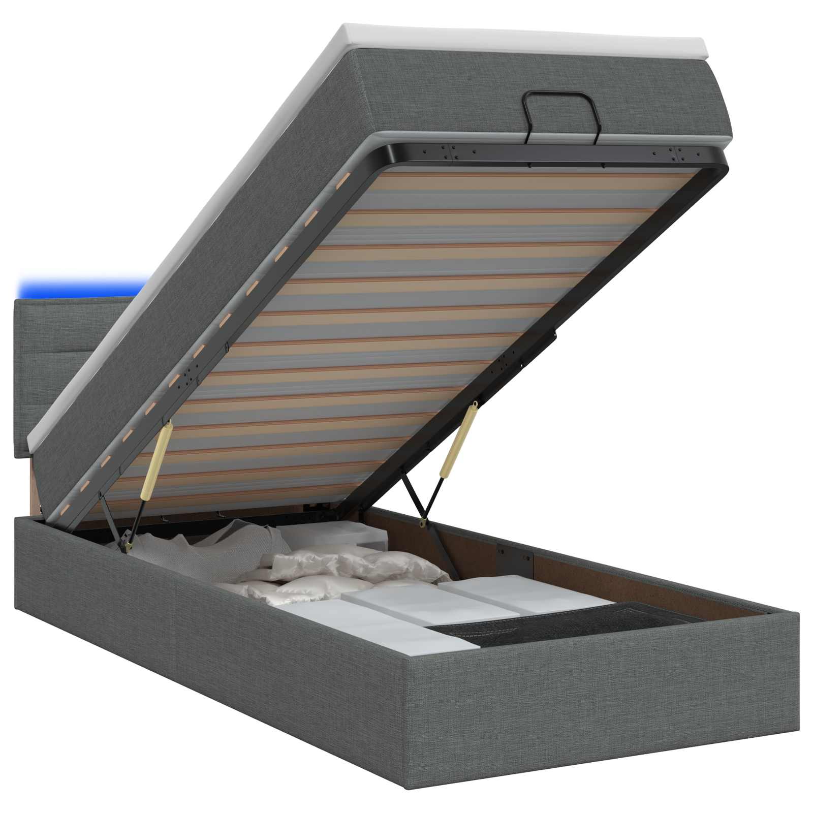 Ottoman Bed with Mattress and LED Dark Grey King Single Fabric