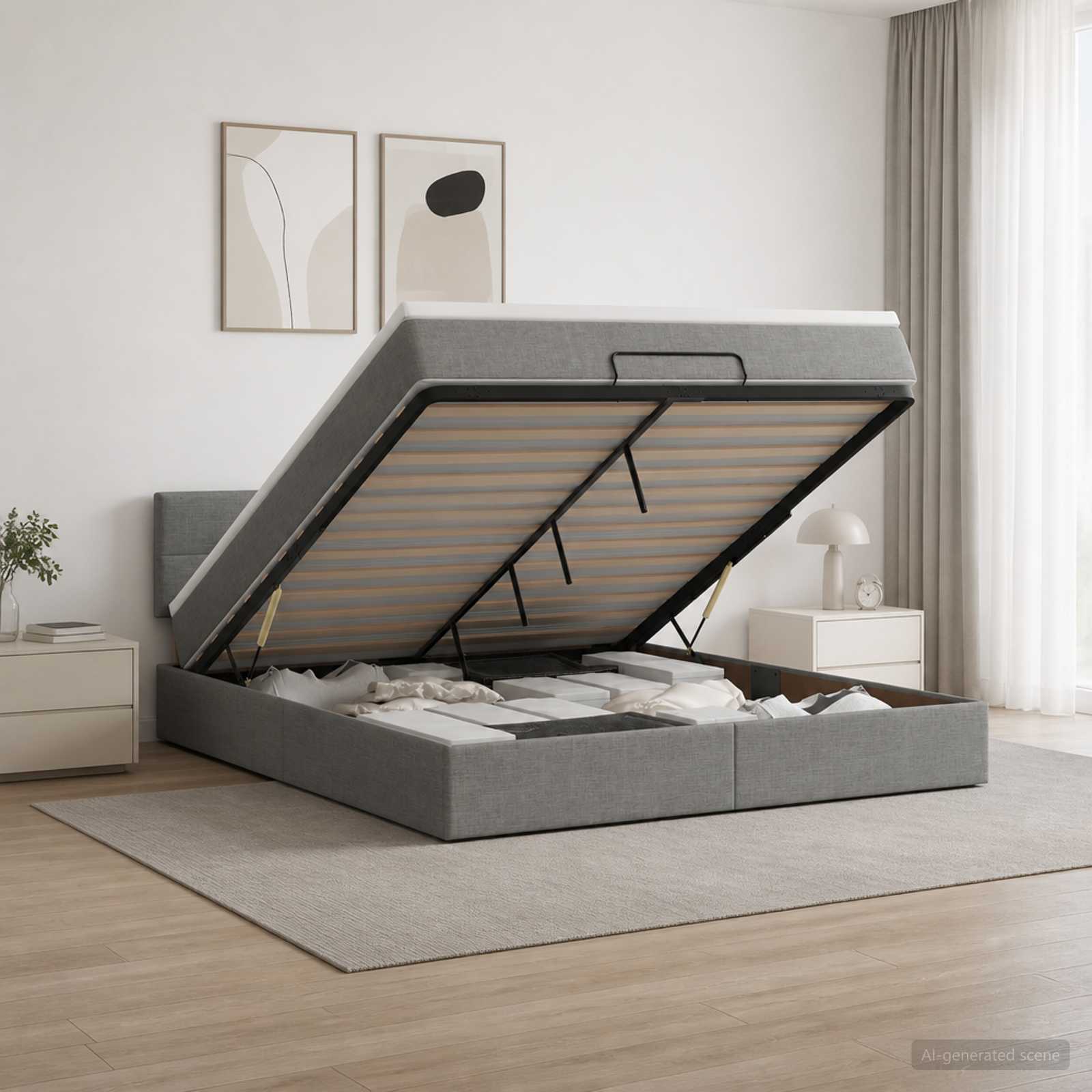 Ottoman Bed with Mattress and LED Dark Grey Queen Fabric