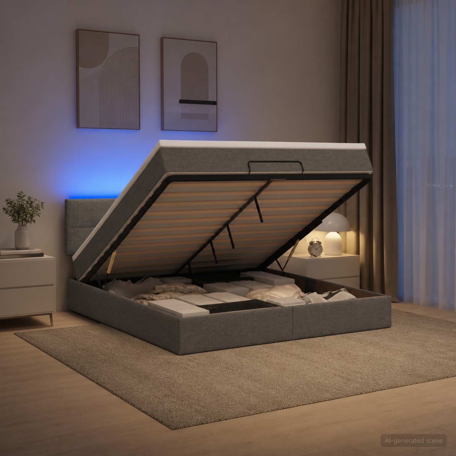 Ottoman Bed with Mattress and LED Dark Grey Queen Fabric