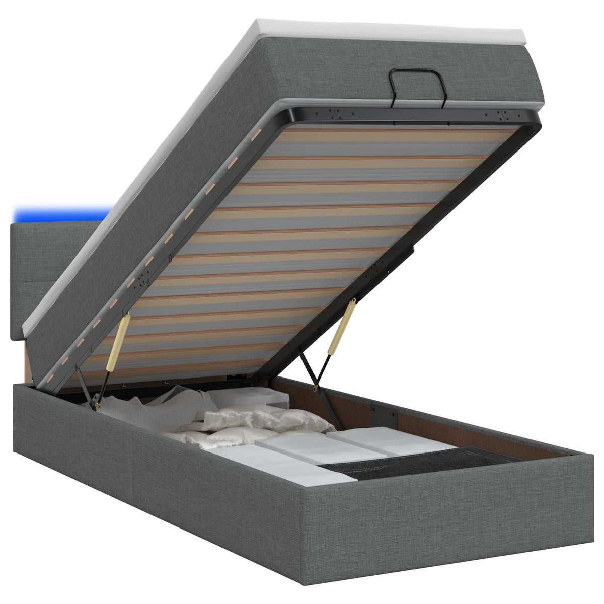 Ottoman Bed with Mattress and LED Dark Grey King Single Fabric