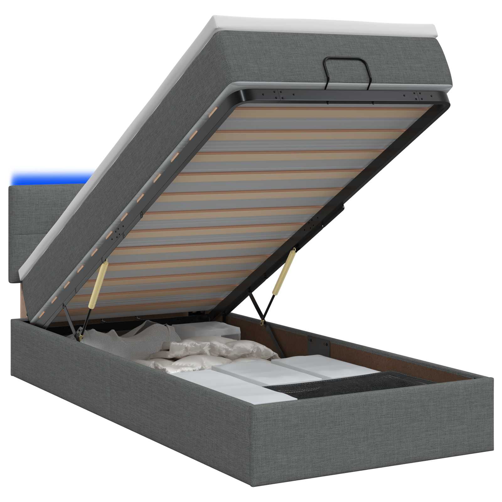Ottoman Bed with Mattress and LED Dark Grey King Single Fabric