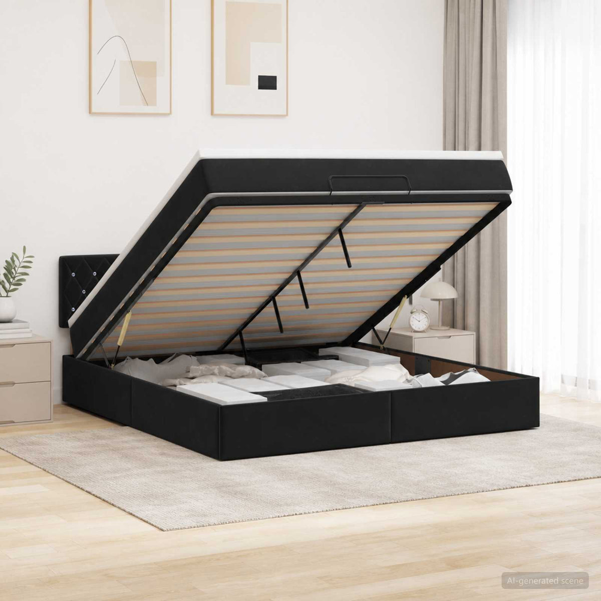 Ottoman Bed with Mattress and LED Black Queen Velvet