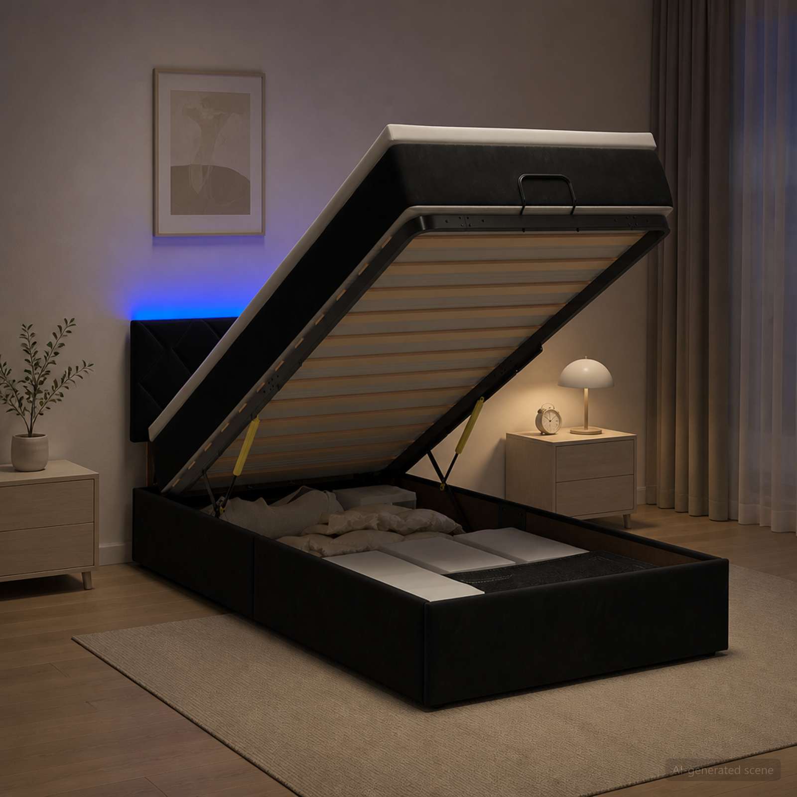 Ottoman Bed with Mattress and LED Black King Single Velvet