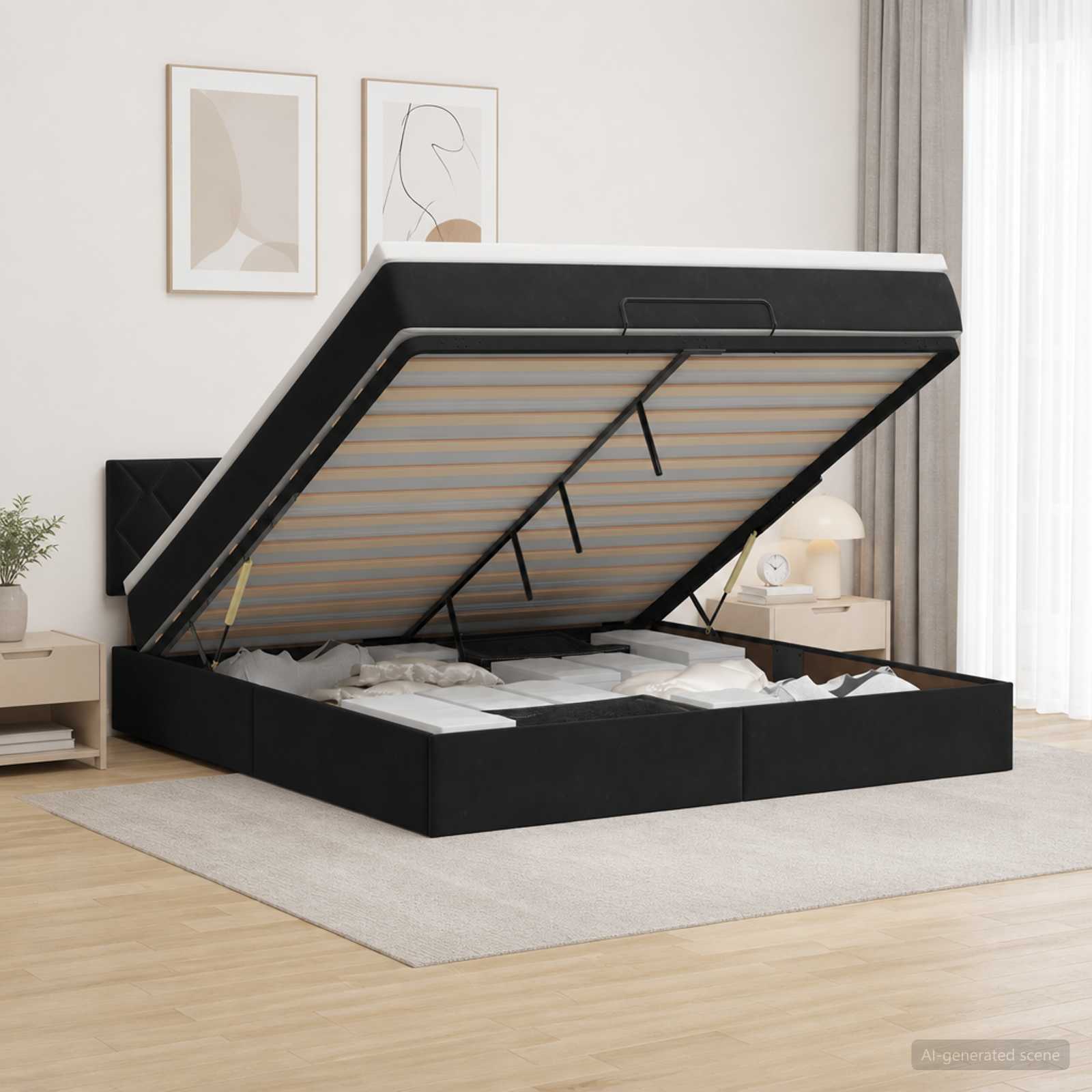 Ottoman Bed with Mattress and LED Black Double Velvet