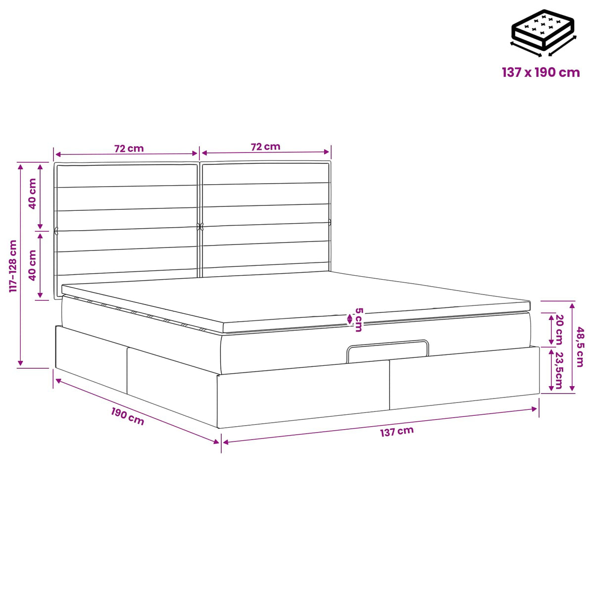 Ottoman Bed with Mattress Dark Grey 137 x 190 cm Fabric