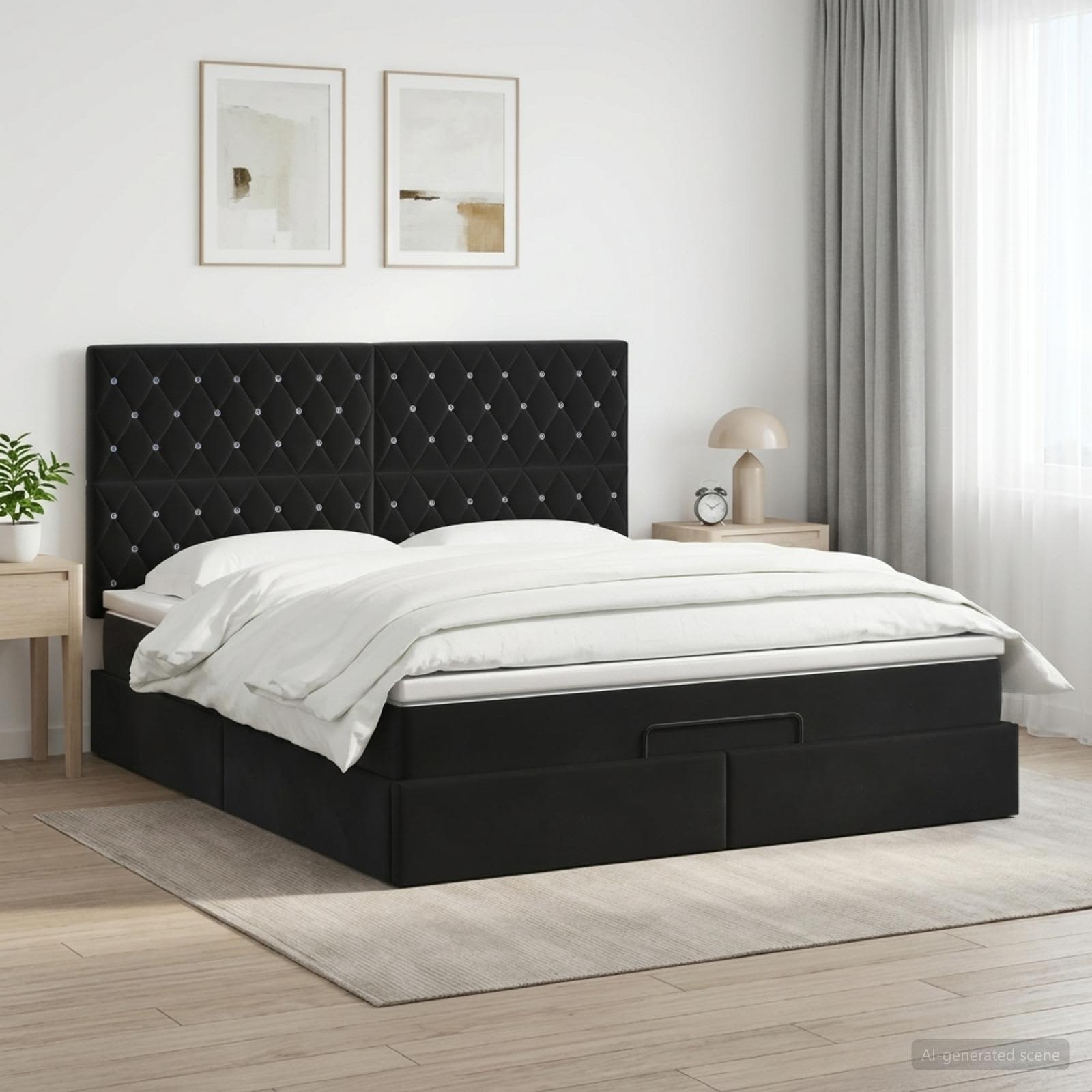 Ottoman Bed with Mattress Black 152 x 203 cm Velvet