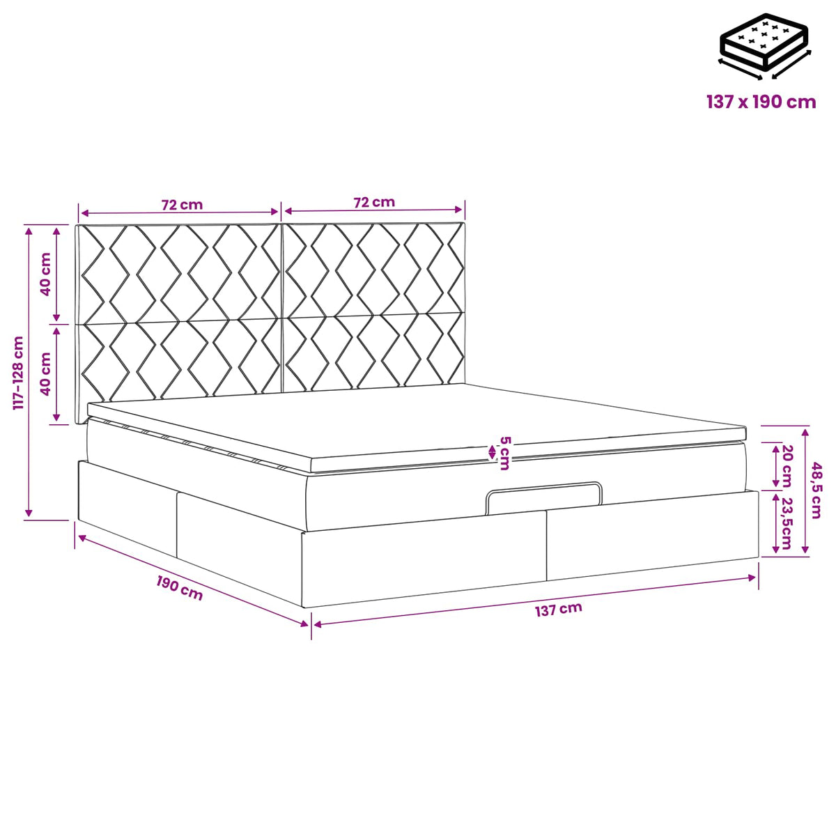 Ottoman Bed with Mattress Black 137 x 190 cm Velvet