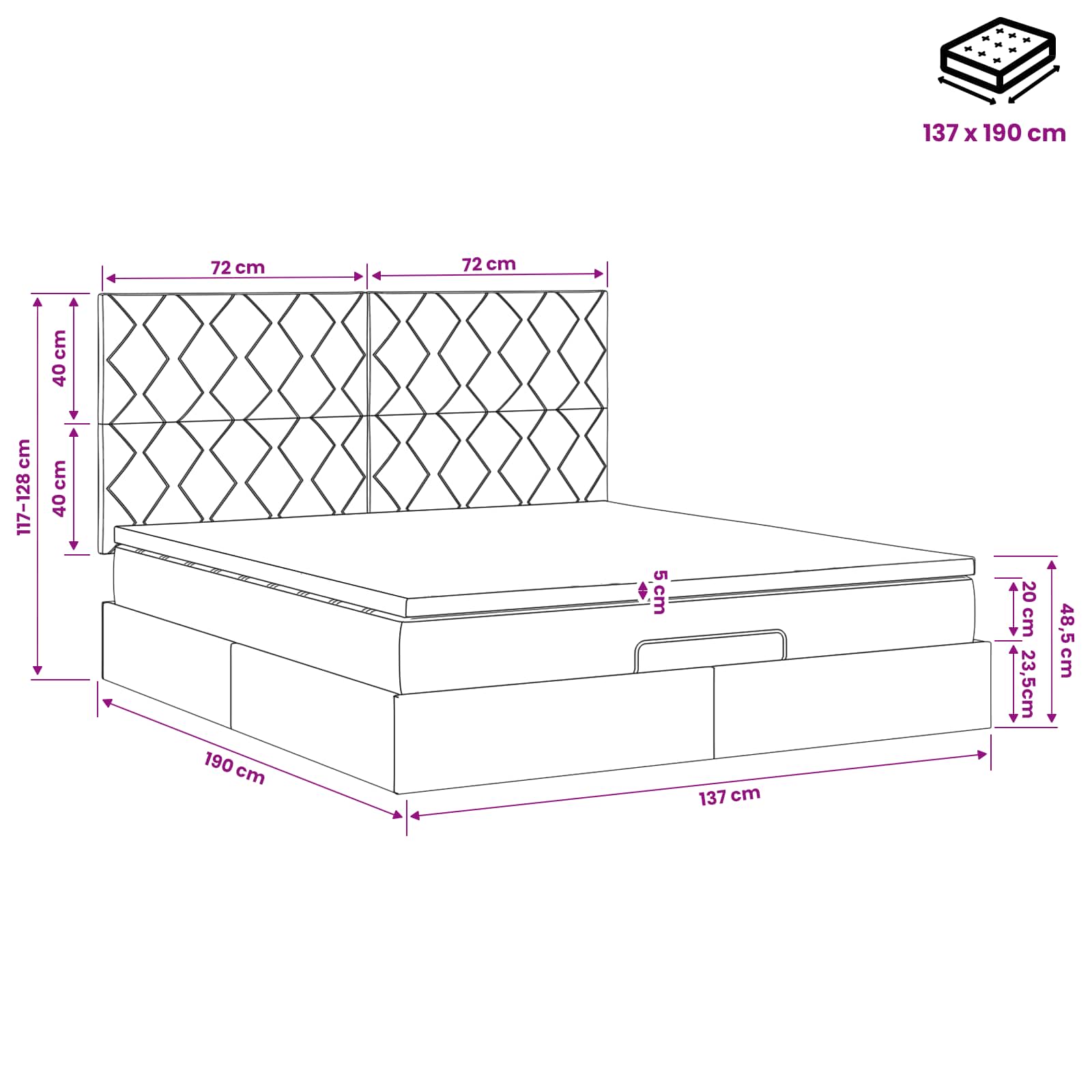 Ottoman Bed with Mattress Black 137 x 190 cm Velvet