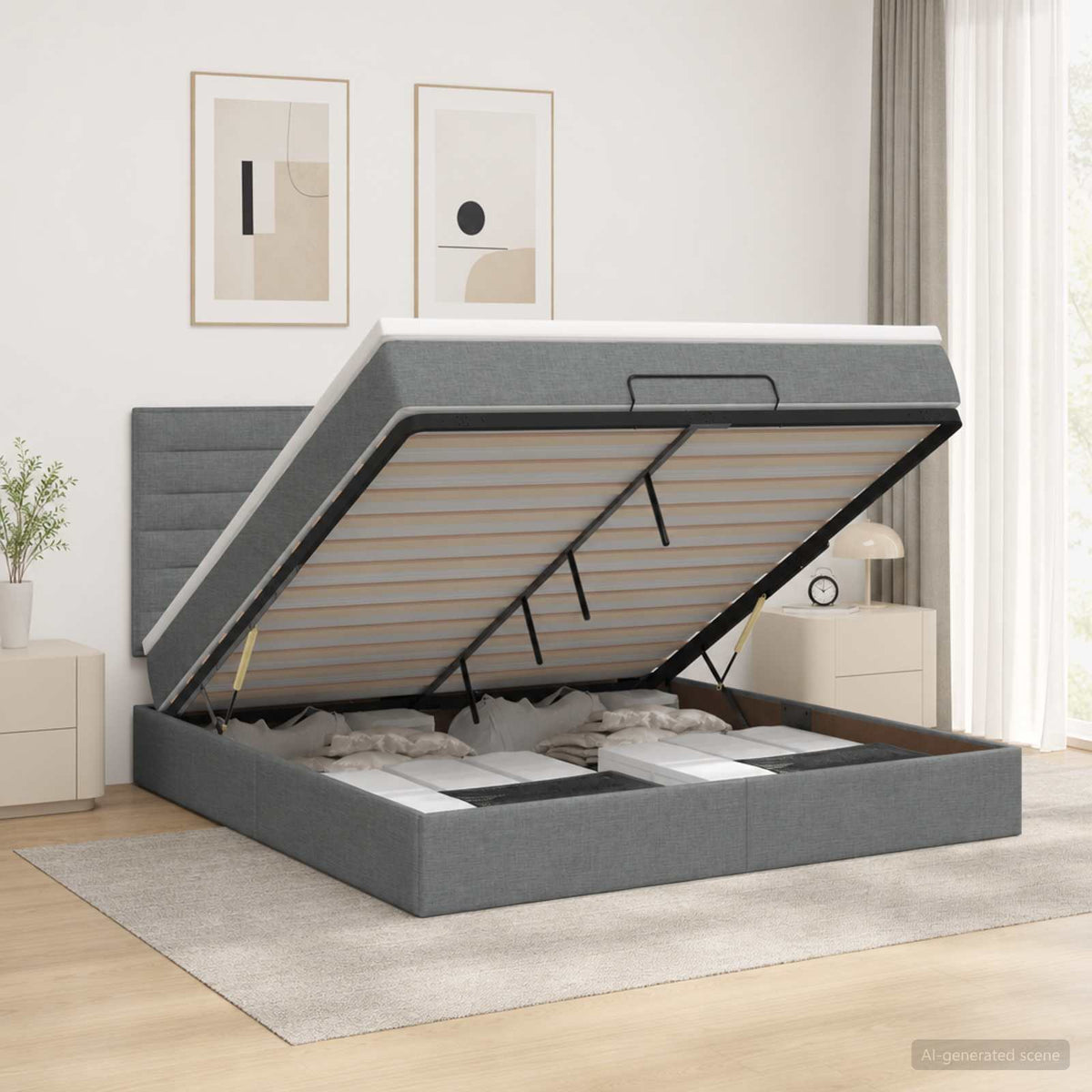 Ottoman Bed with Mattress and LED Dark Grey Double Fabric