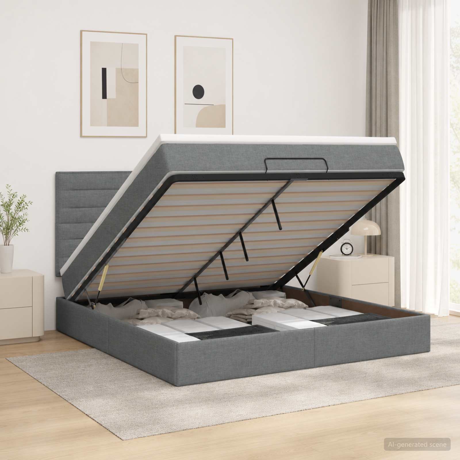 Ottoman Bed with Mattress and LED Dark Grey Double Fabric