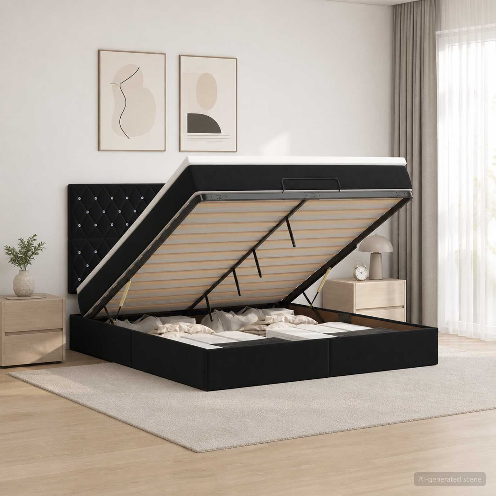 Ottoman Bed with Mattress and LED Black Queen Velvet