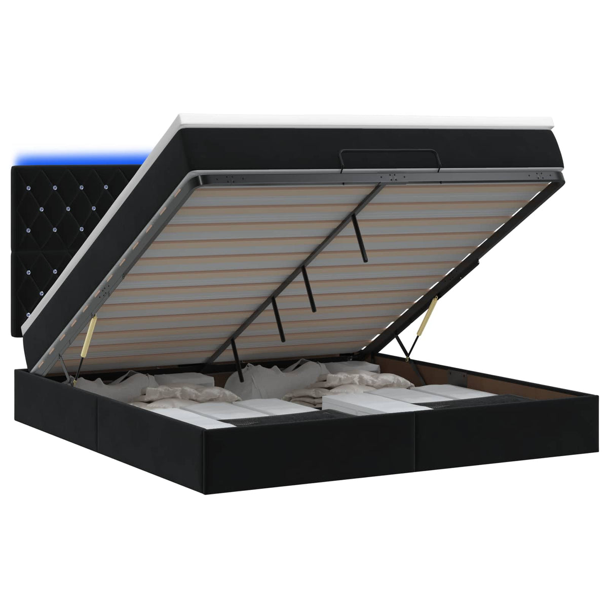 Ottoman Bed with Mattress and LED Black Queen Velvet