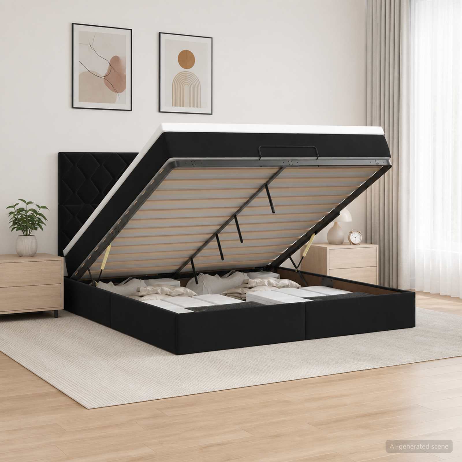 Ottoman Bed with Mattress and LED Black Double Velvet