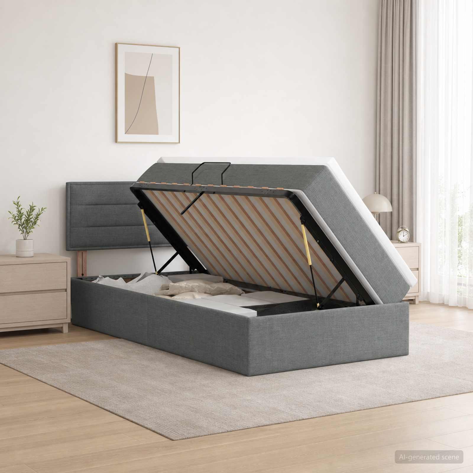 LED Storage Bed with Mattress Dark Grey 100 x 200 cm Fabric