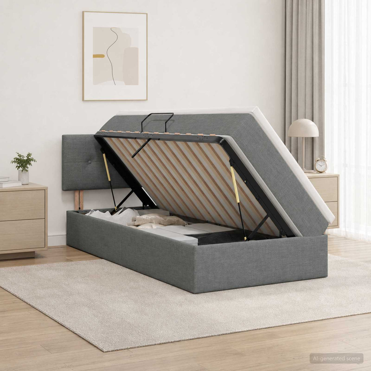 LED Storage Bed with Mattress Dark Grey 100 x 200 cm Fabric