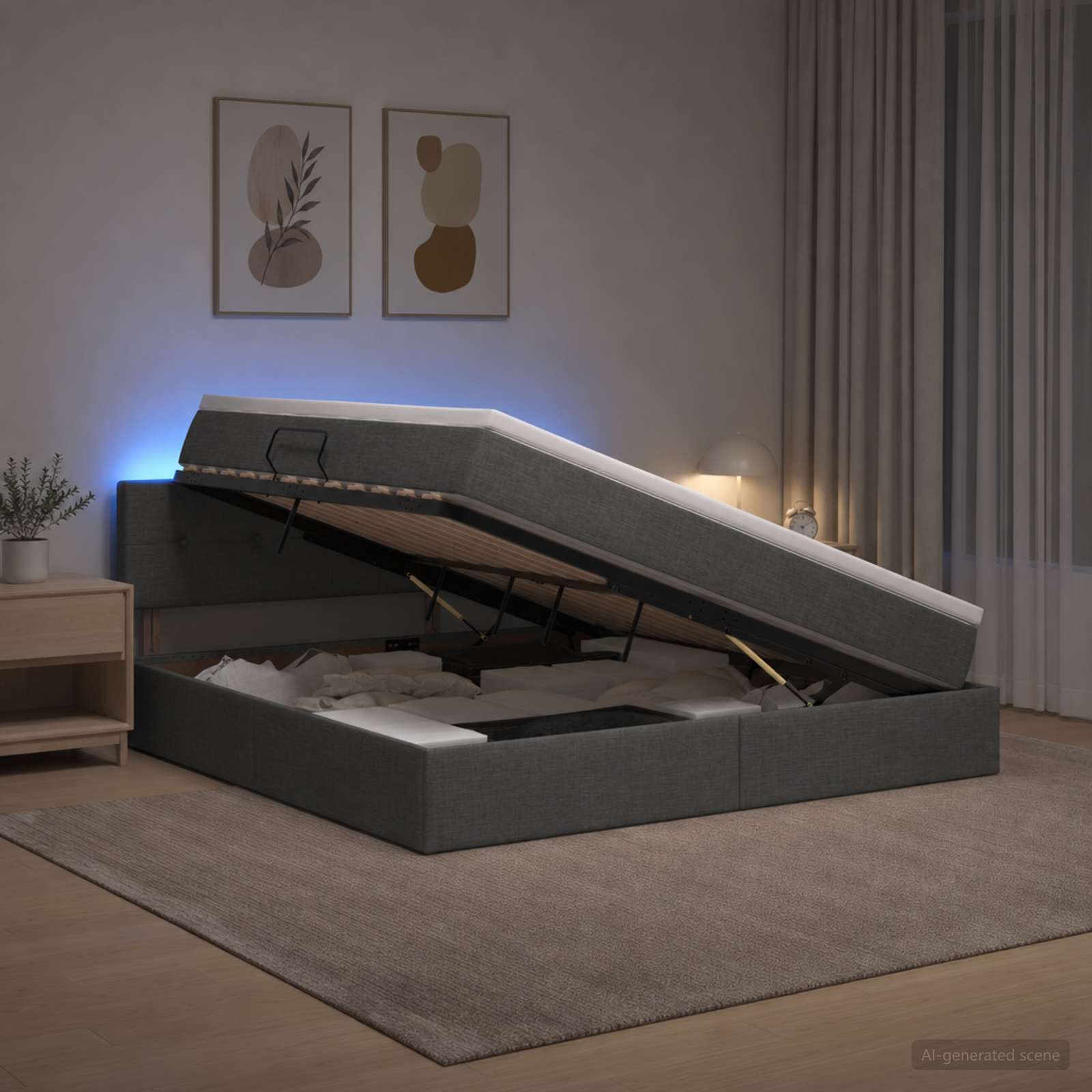 LED Storage Bed with Mattress Dark Grey 160 x 200 cm Fabric