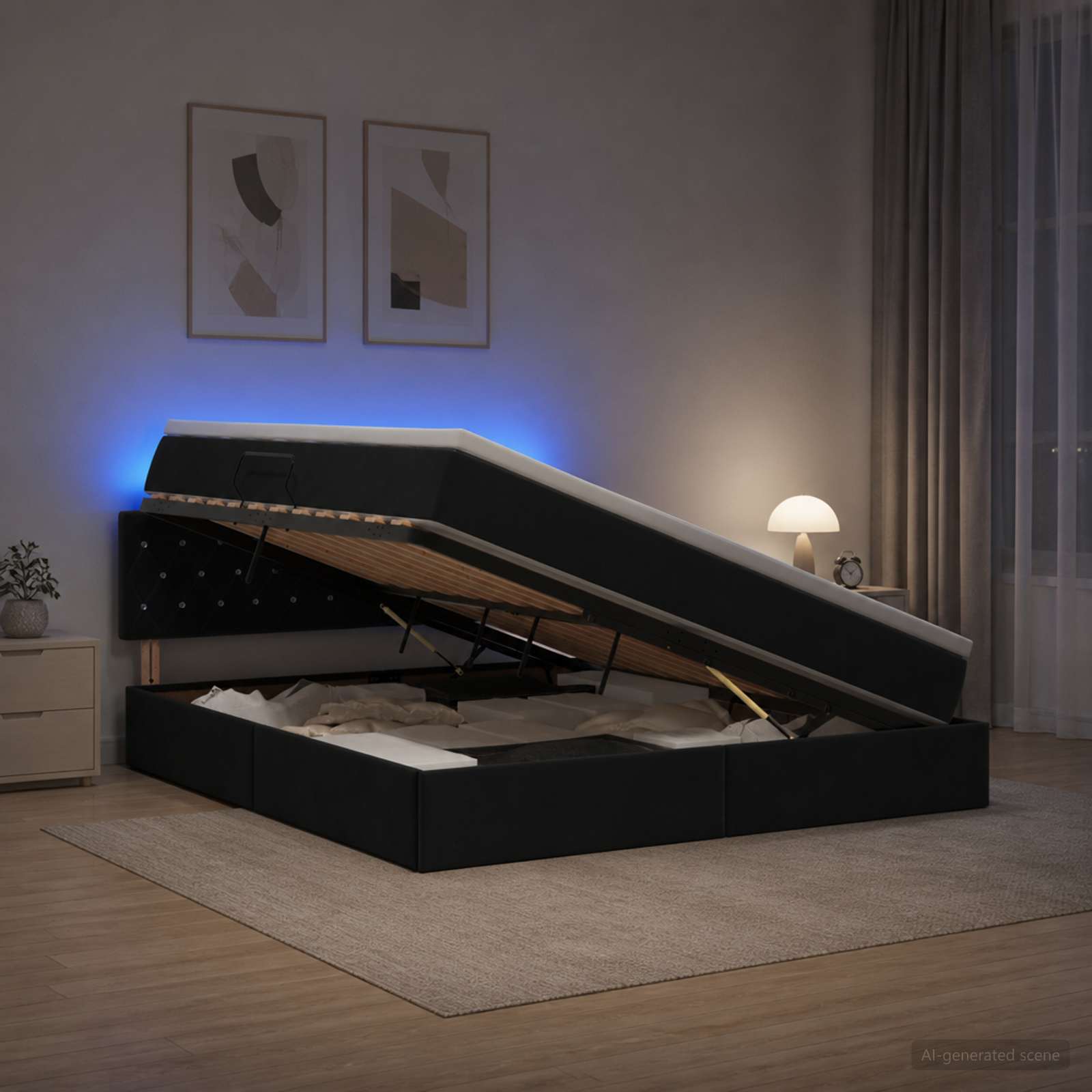 Ottoman Bed with Mattress and LED Black Queen Velvet