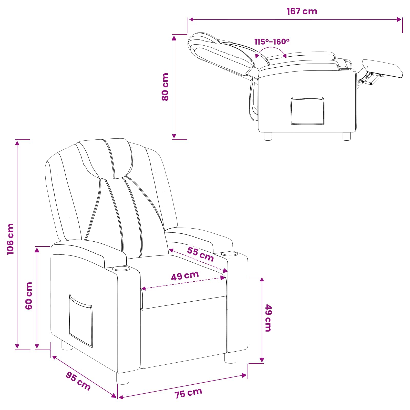 Recliner Chair Black 75 x 95 x 106 cm Fabric