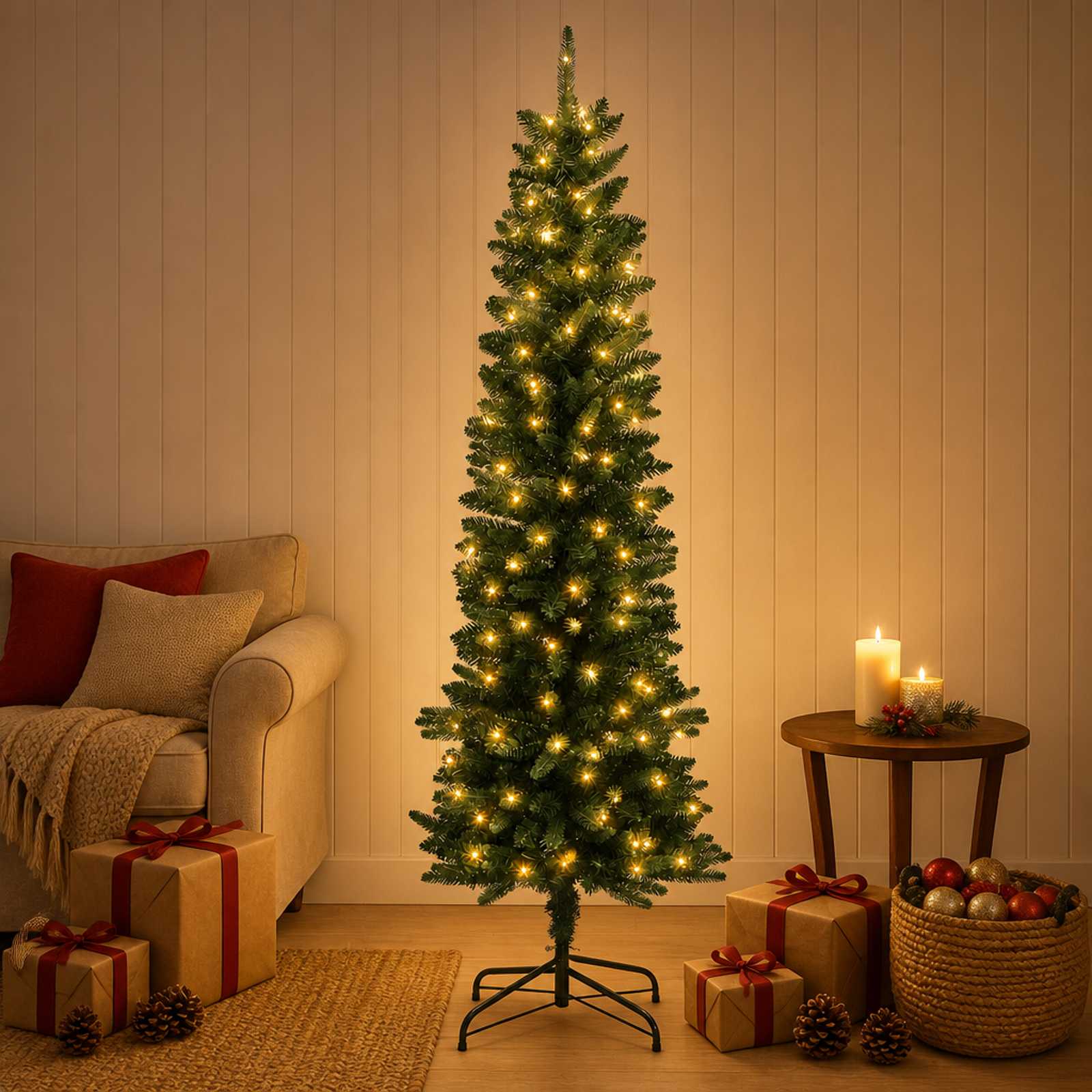 Artificial Slim Christmas Tree 150 cm 150 LEDs Warm White