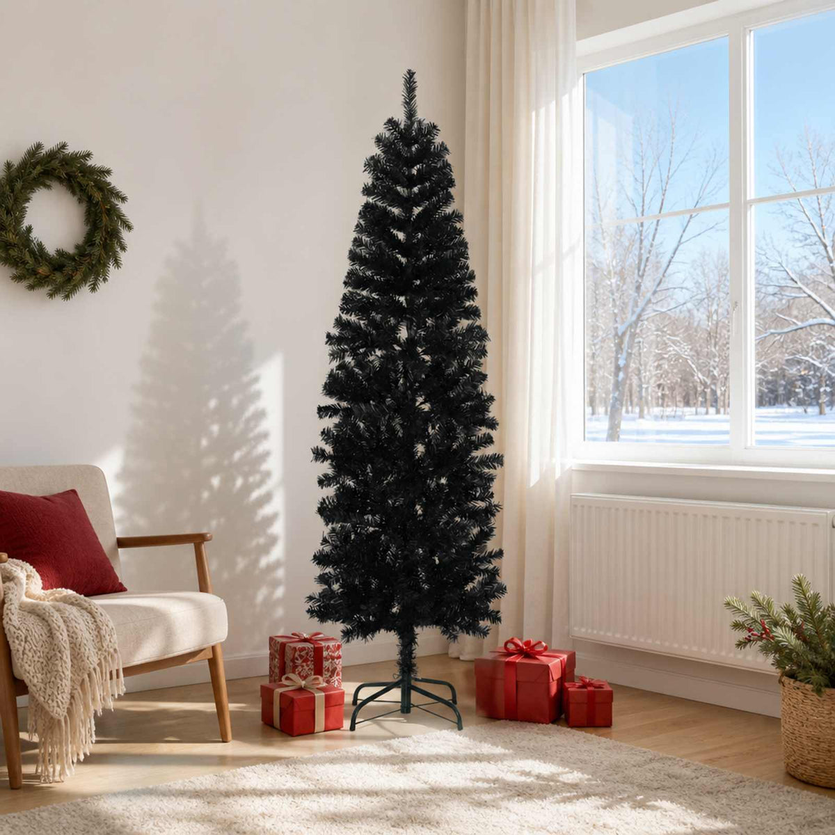 Artificial Slim Christmas Tree 180 cm PVC and Steel Black