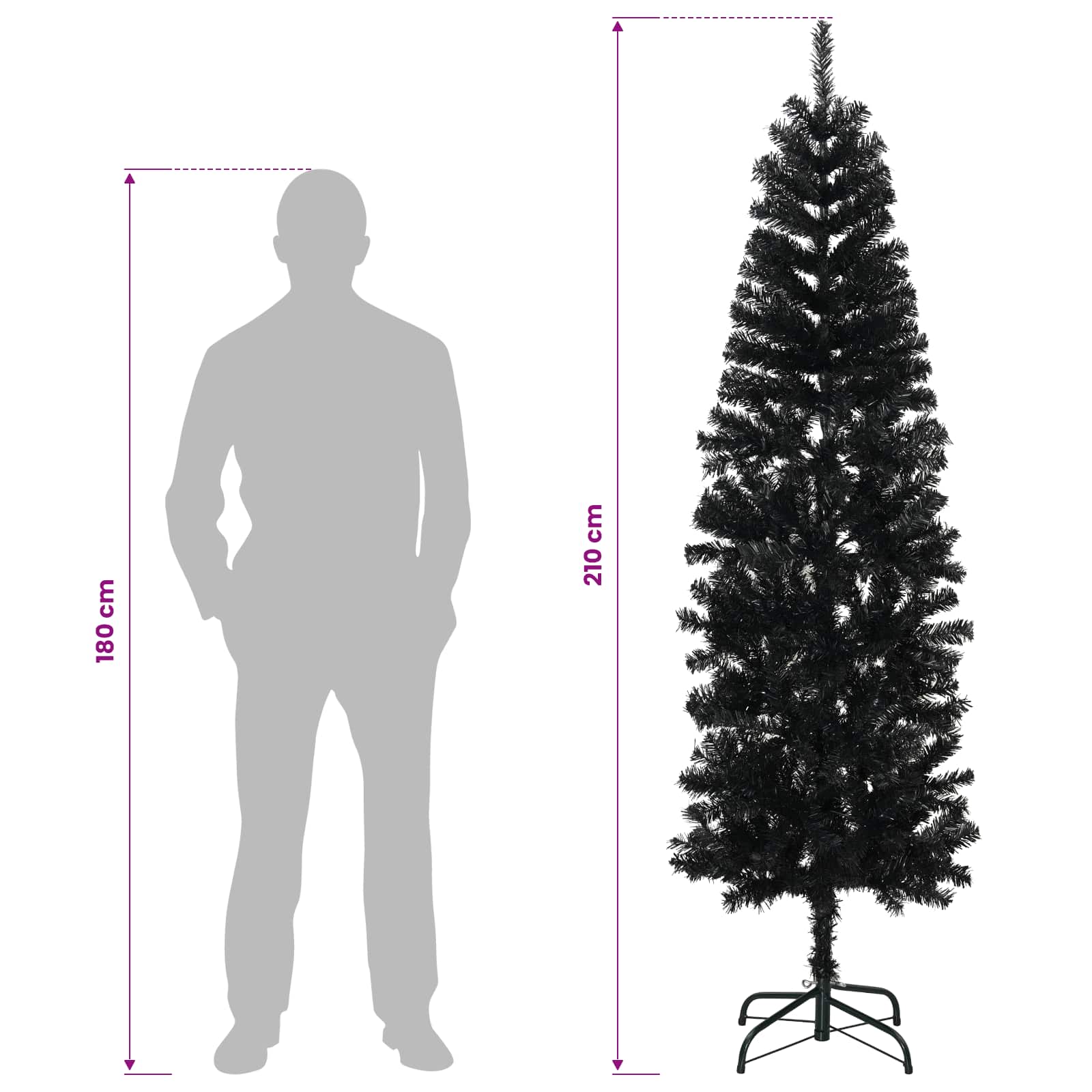 Artificial Slim Christmas Tree 210 cm PVC and Steel Black