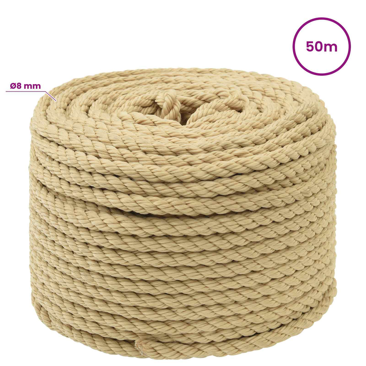 Multipurpose Utility Rope 8 mm 50 m Natural PP 420 kg Max Load