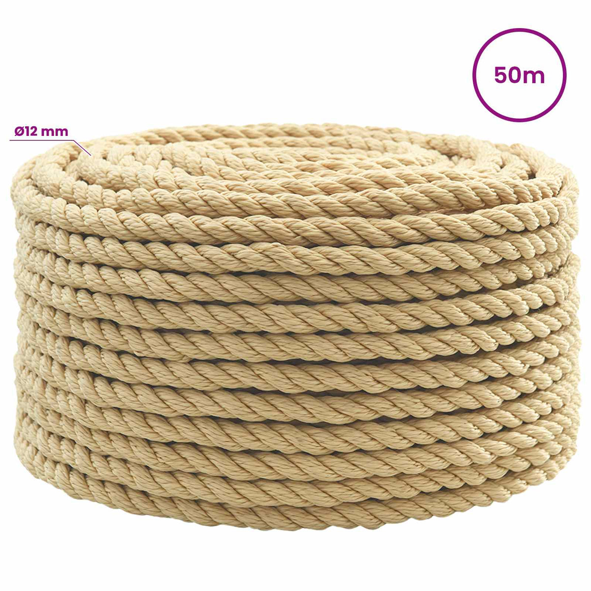 Multipurpose Utility Rope 12 mm 50 m Natural PP 930 kg Max Load