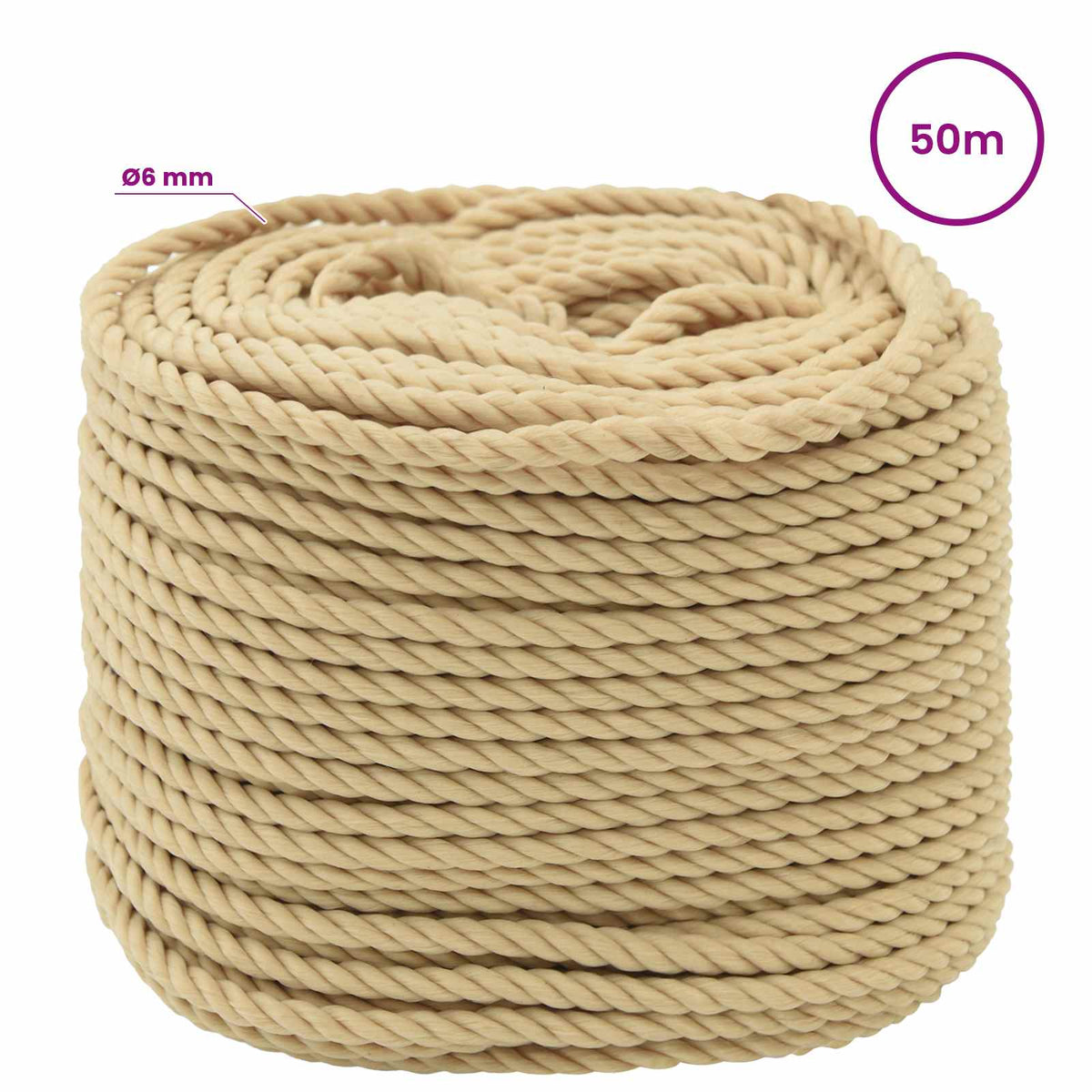 Multipurpose Utility Rope 6 mm 50 m Natural PP 240 kg Max Load