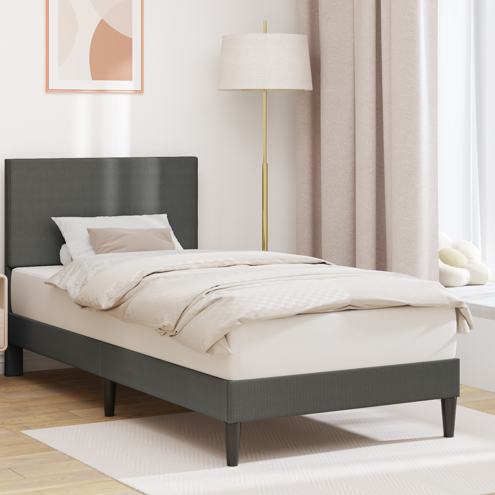 Bed Frame with Headboard Dark Grey 107 x 203 cm Corduroy Fabric